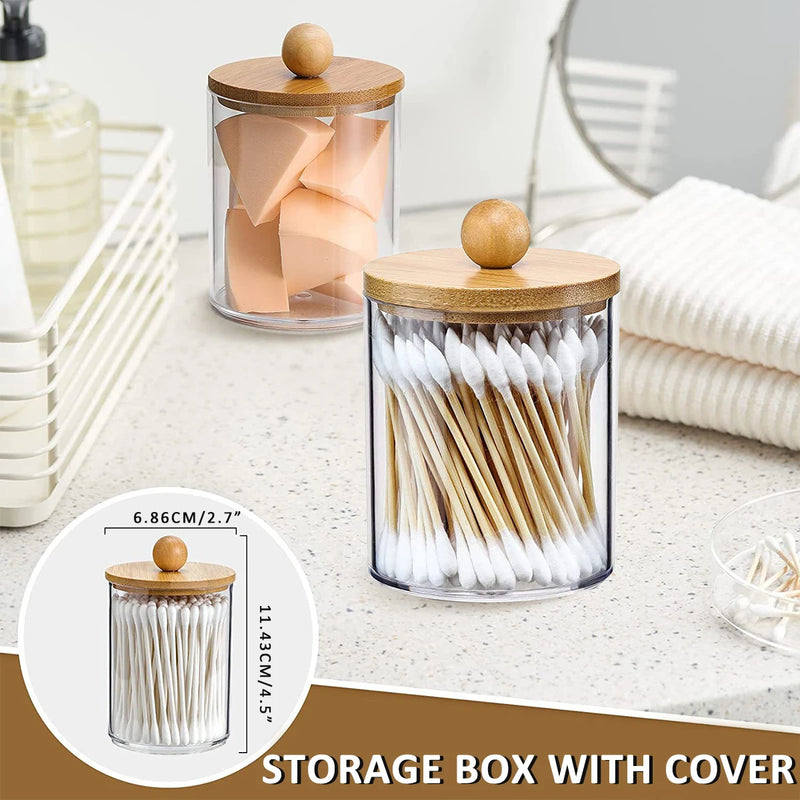 3Pcs Qtip Holder Dispenser with Bamboo Lids Clear Acrylic Bathroom Jars with Tray Cotton Swab Storage Dispenser Reusable