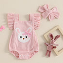 Baby Girls Rompers Easter Clothes Rabbit Embroidery Fly Sleeve Infant Bodysuits Jumpsuits with Headband