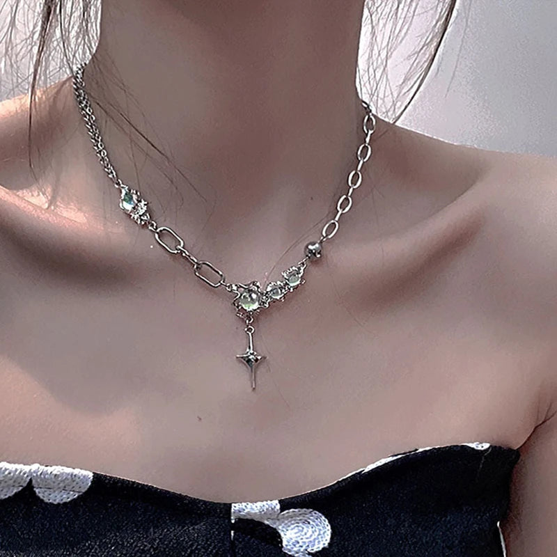 JWER Trendy Bling Moonstone Star Cross Pendant Necklace for Women Punk Hip Hop Star Chain CrystalNecklace Party Y2K Jewelry Gift
