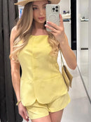 HH Summer Women Solid Square Collar Single Breasted Vest-style Sleeveless Top+High Waist Zipper Side Pocket Mini Shorts Suit