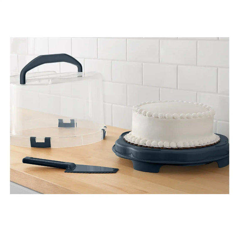Round Plastic Cake and Cupcake Holder with Gray Handle, Clasp and Base (1 of Each), Includes Slicing and Serving Utensil