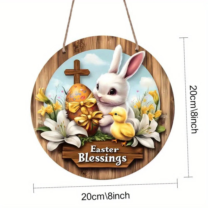 1 piece farmhouse style round wooden Easter bunny logo, 7.87 inch made wooden wreath with lilies and spring decoration, farmhous