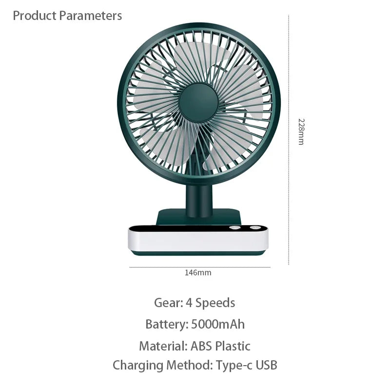 USB Rechargeable Oscillating Desk Fan 4 Speed Settings 5000mAh Mini Table Cooling Fan Adjustable Head Home Office Personal Fan