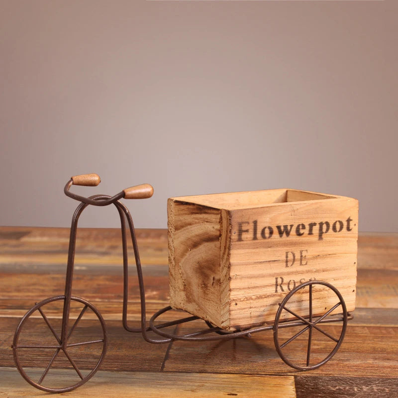 Iron Art Bicycle Flower Rack Vintage Wooden Tricycle Flowerpot Succulent Plant Decoration Desktop Sundries Storage Box Ornaments