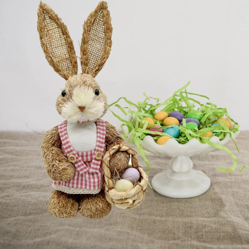 Cute Straw Rabbits Bunny Standing Decorations w/Carrots for Easter Party Home Garden Wedding Ornament Photo Props Crafts