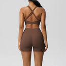 2PCS Sportswear With Pocketed Yoga Set Gym Clothes Yoga Suits For Women Tracksuits Sports Shorts Crossover Bra Gym Leggings