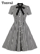 Tonval Fliege Hals Grün Gestreiftes Vintage Kleid Durchgeknöpft Elegante Kleider für Damen Baumwolle Retro Kleidung Taschen Sommerkleid