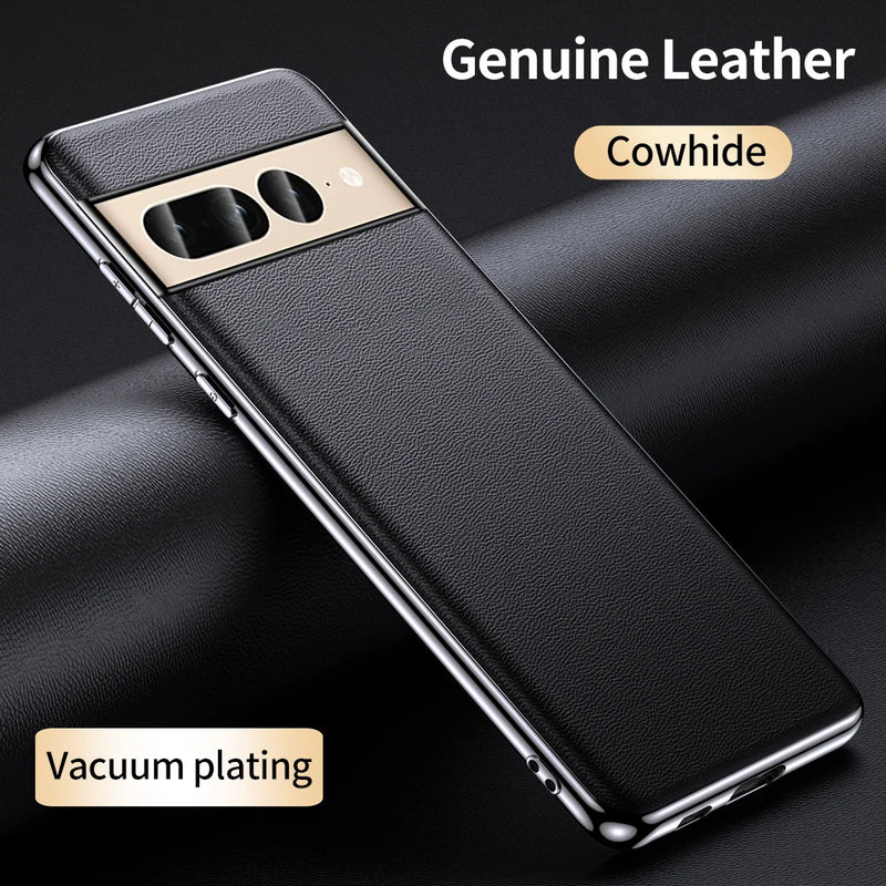 Phone Case for Google Pixel 8 7 6 Pro 7A 6A Luxury Genuine Cowhide Leather Plating Shockproof Full Protection Back Cover