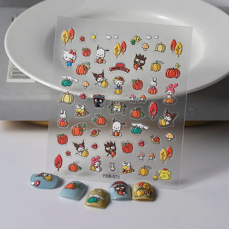 1PCS 5D Cartoon Kuromi Hello Kitty Nail Stickers Sanrio Animation Nail Art Decoration Sanrio Cute Melody Embossed Stickers