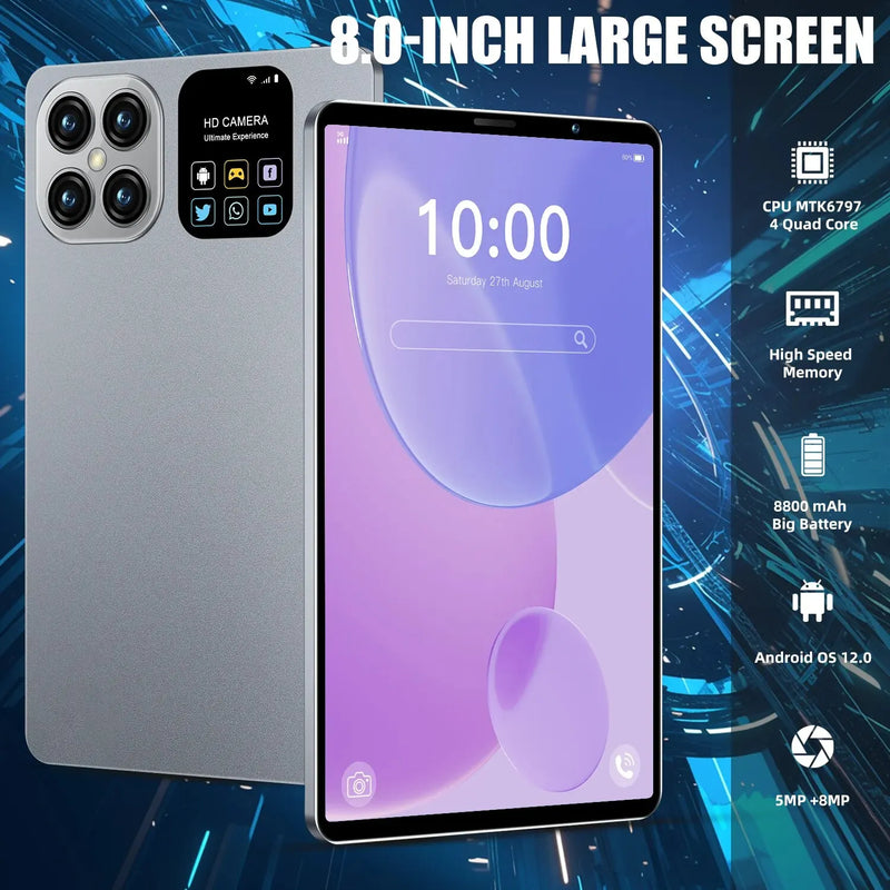 Original Tablet Android 12 8 Inch GPU Quad Core 5MP 13MP Dual SIM HD Screen Touch Phone 3GB RAM 16GB ROM TouchScreen Pad 8800mAh