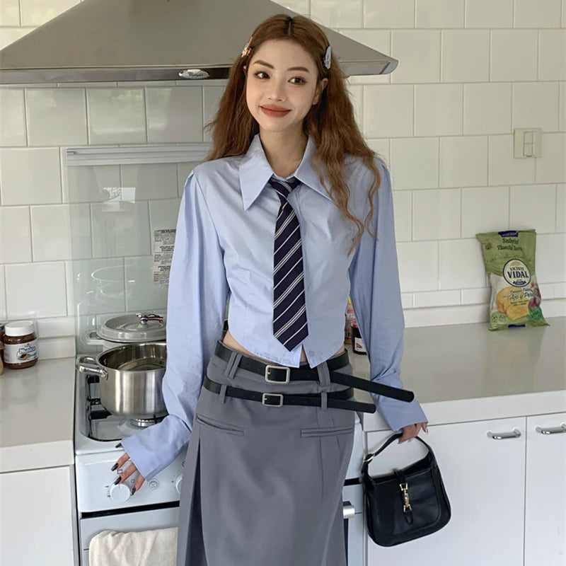 Jk Women Blue Shirt Korean Preppy Style Sweet Tie Long Sleeve Female Blouse Spring New Fashion Turn Down Collar Ladies Tops