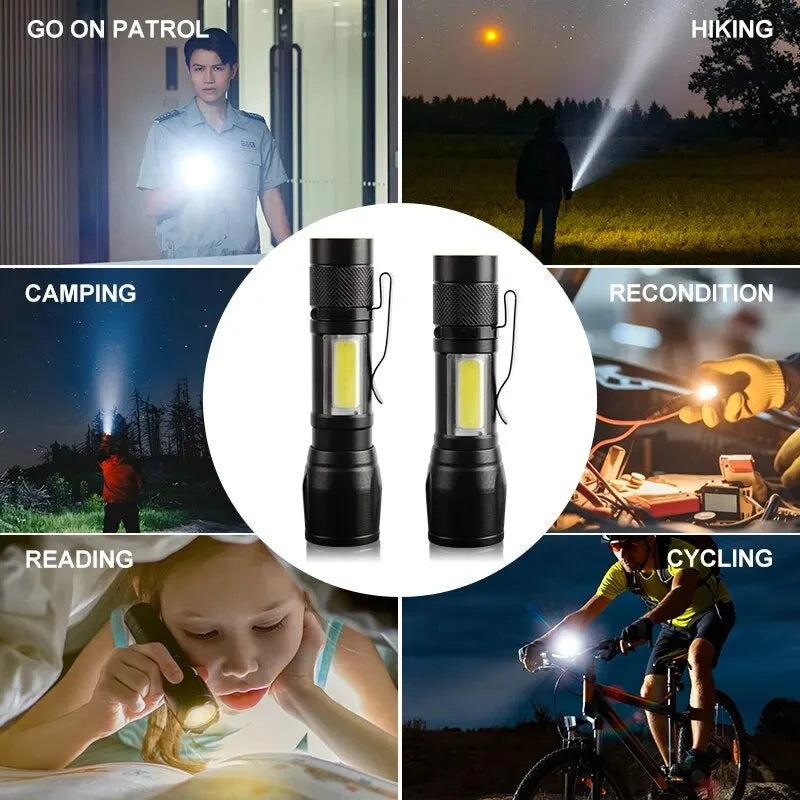 USB Rechargeable Mini LED Flashlight Zoomable COB+XPE Torch Outdoor Camping Hiking Waterproof Emergency Lighting Work Lantern