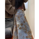 Ladies Retro American Floral Embroidery Wide Leg Jeans Spring New Loose Slimming Straight Tube Pants Couples Style Floor-Length