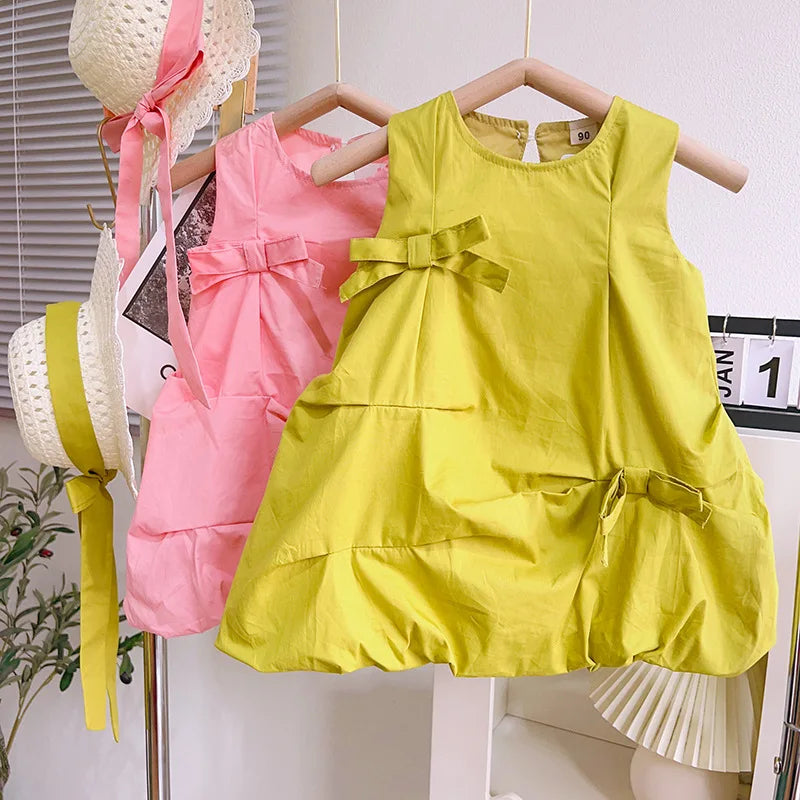 2023 Summer New Arrival Girls Sleeveless O Neck Bow Pink Green Cute Roupa Infantil Menina Cute Party Dress Custume 18M-7T