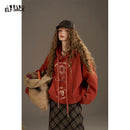 ELFSACK 2025 Autumn New Arrivals Retro Casual Large Area Print Long Drawstring Hooded Hoodie For Woman