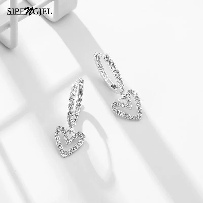 SIPENGJEL Pave Zircon Heart Gold Hoop Earrings For Women Geometry Heart Love Dangle Drop Earrings Accessories Jewelry