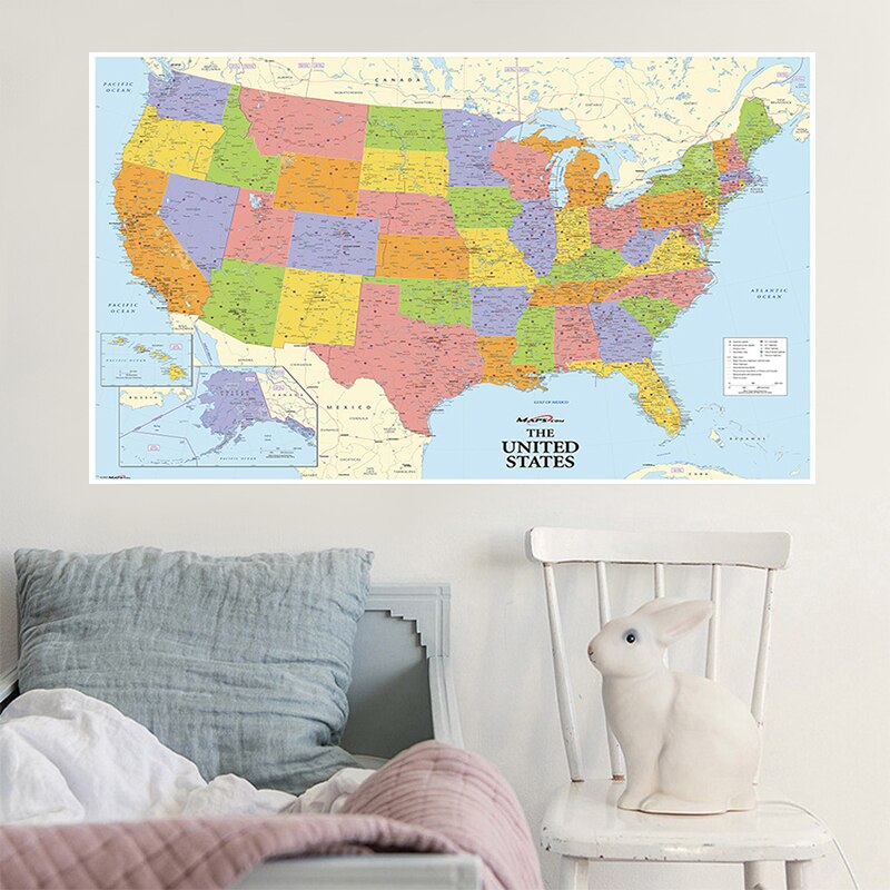 150*100cm Map of The United States with Details Non-woven Canvas Painting Wall Art Poster School Supplies Home Decoration