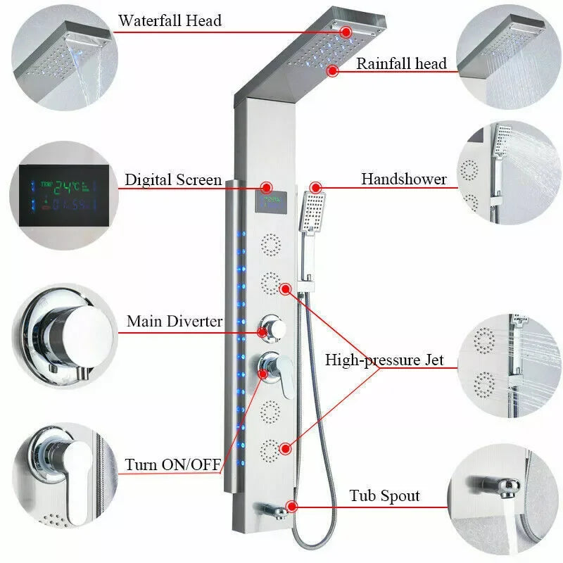 Rain Waterfall LED Shower Panel Black Shower Column Tower Digital Screen TEMP Mixer Tap Spray Bidet Shower Mixer Faucet