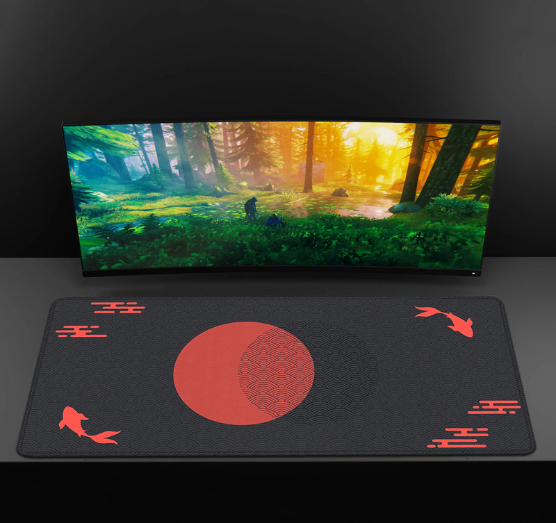 Japanese Desk Mat Black & Red Mouse Pad Koi Fish Sun Cloud Japan Art Seal Sunrise Large XXL Gaming Deskmat Rubber Mousepad 90x40