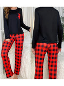 Women s Christmas Pajama Set with Festive Print Long Sleeve Top and Cozy Plaid Pants - Holiday Loungewear Ensemble