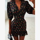 Women Chic Floral Print Bodycon Dress Holiday v-neck Pleated Patchwork Flared Sleeve Ruffle 2026 Summer Casual Latest Vestidos