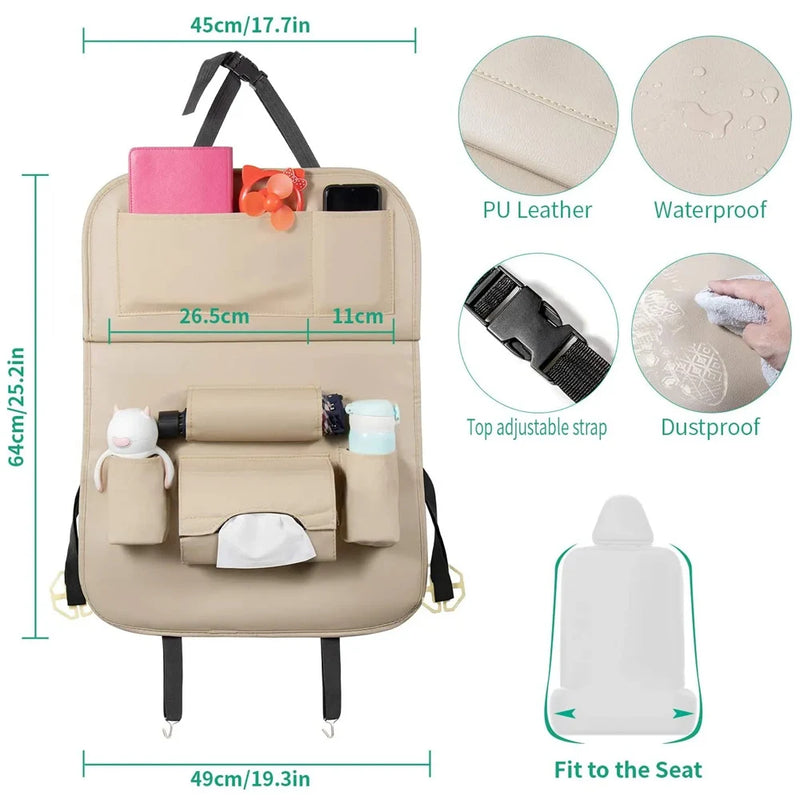 Car seat backrest organizer PU leather storage bag with foldable tray tablet computer bracket tissue box seat accessories