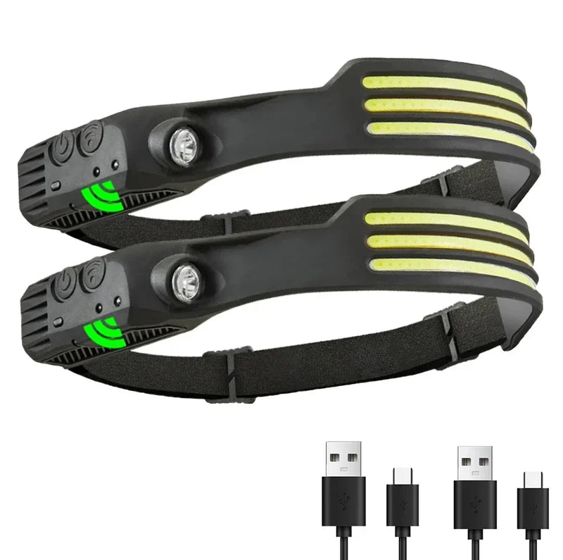 COB LED Sensor Headlamp USB Rechargeable Flashlight Built-in 1200 MAh Battery  5 Lighting Modes Torch Outdoor Camping Lantern