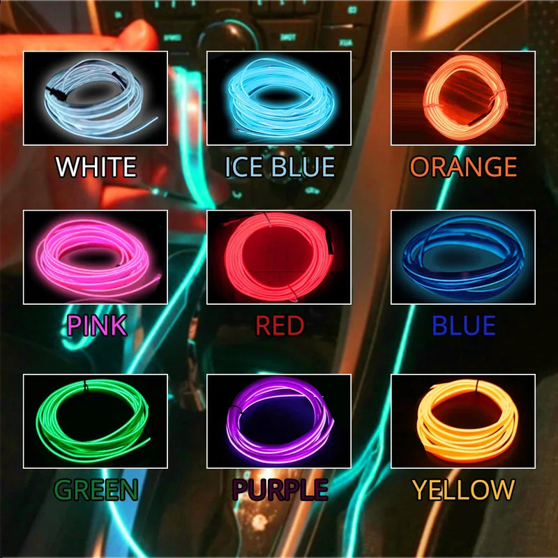 5M Universal Car Interior Lighting white LED Strip Decoration Garl and Wire Rope Tube Line Flexible Neon Lights with USB Drive
