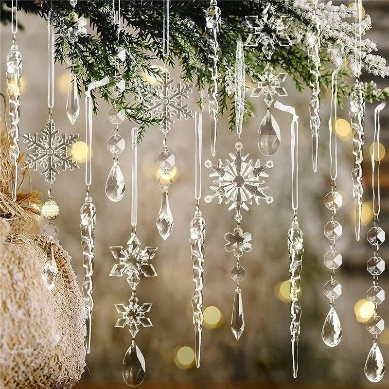 Camal 10Pcs/Sets Acrylic Clear Christmas Snowflake Pendants Ice Strip Transparent Ice Edge Christmas Tree Decoration Hanging DIY