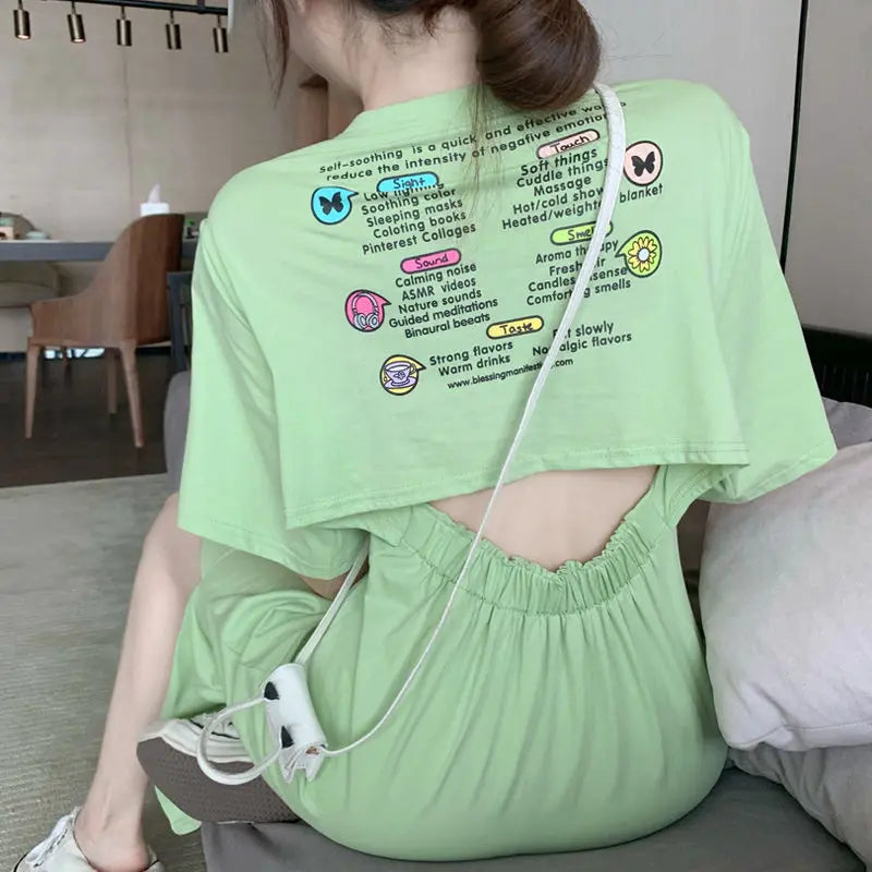Summer Backless Split Hem Midi Dress Round Neck Short Sleeve Printing Ladies Dresses Korean Fashion Women Clothing