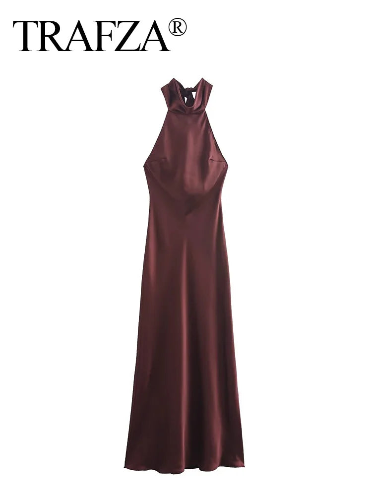 TRAFZA 2024 Female Elegant Slim Long Dresses Solid Sleeveless Backless Bow Decoration Zipper Summer Long Dress Woman Sexy Trendy