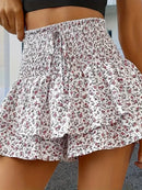 Spring and summer small floral print elastic waist elegant layered hem shorts fashion casual high waist shorts