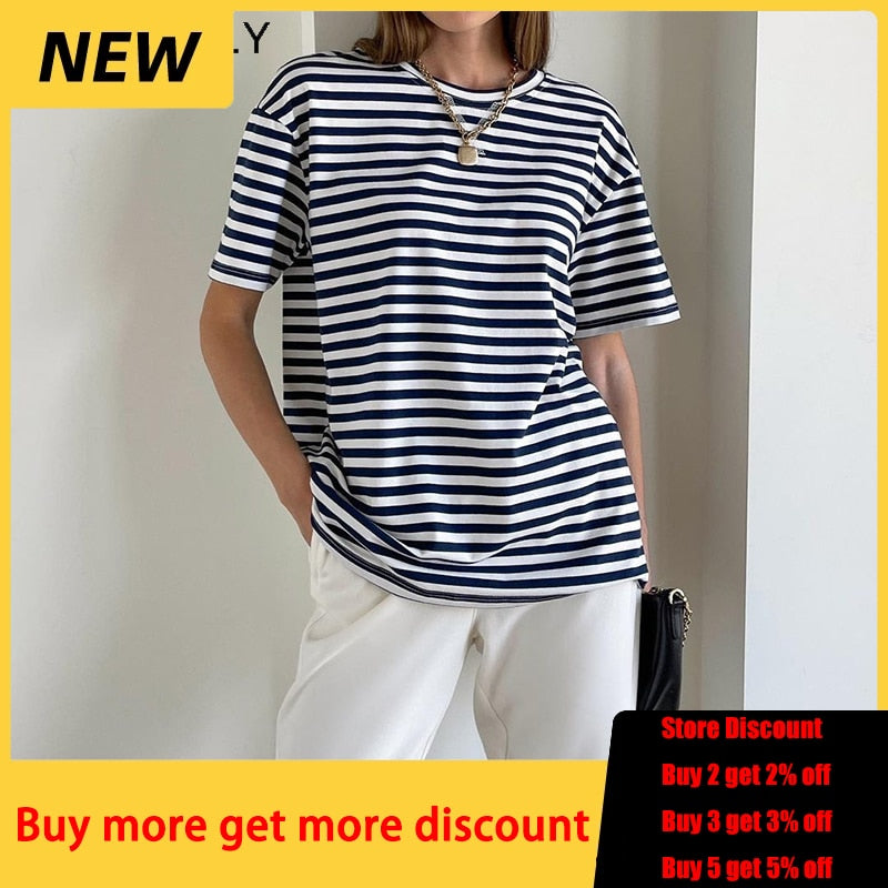 WOTWOY Summer Short Sleeve Striped T-Shirts Women Knitted Basic Casual Tops Female Cozy Loose Cotton Tees 2023 Harajuku Shirt