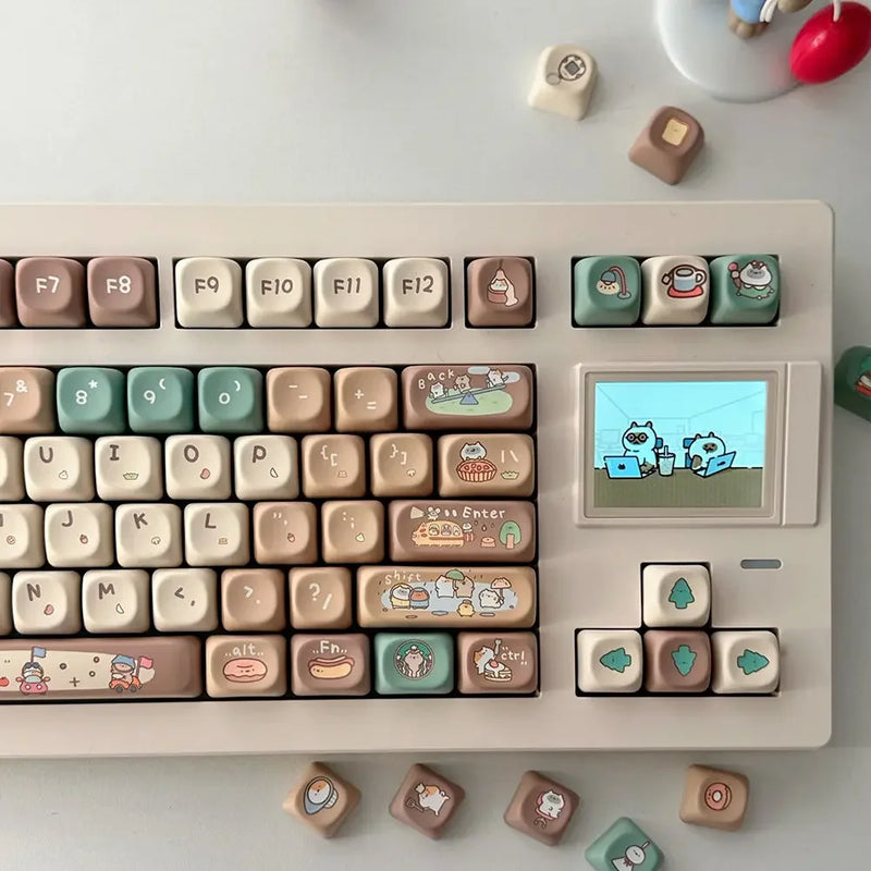 Korean Russian Keycap Khaki Cute Cocoa Bean Milk PBT Five-Sided Sublimation MOA DIY Mechanical Keyboard Cartoon Hangul Keycaps