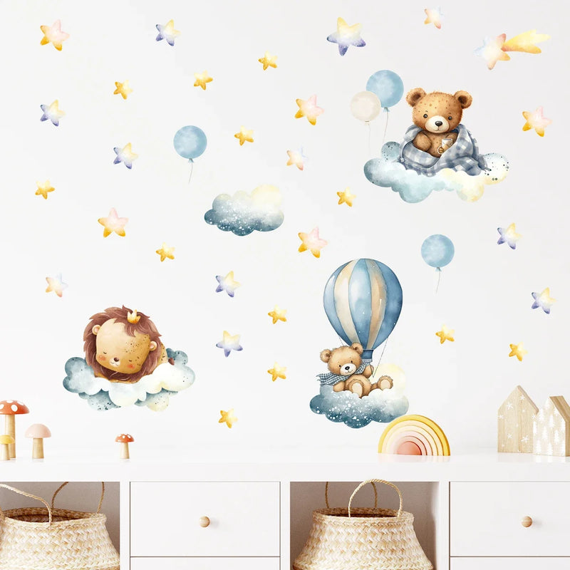 Cute Cartoon Bear Lion Animal Star Wall Stickers for Kids Room Bedroom Nursery Home Decoration Wall Decals
