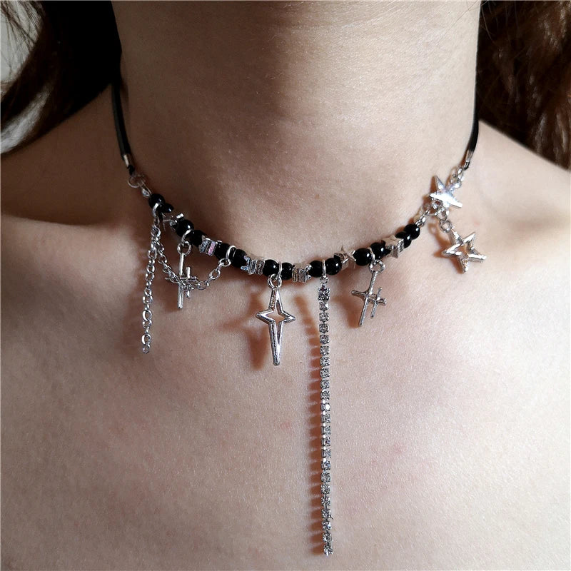Punk Pink Butterfly Star Cross Rope Chain Choker Necklace For Egirl Y2k EMO Goth Harajuku Aesthetic Grunge Jewelry Accessories