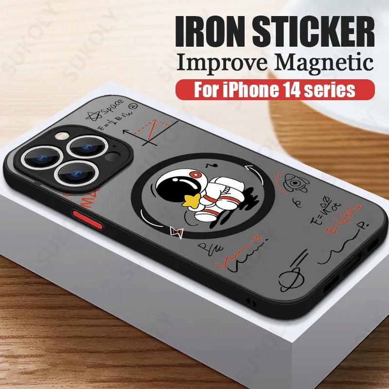 Case For iPhone 15 14 13 Pro Max Astronaut For Magsafe Iron Ring Wireless Charging Acrylic Cover For iPhone 15 14 13 Back Fundas