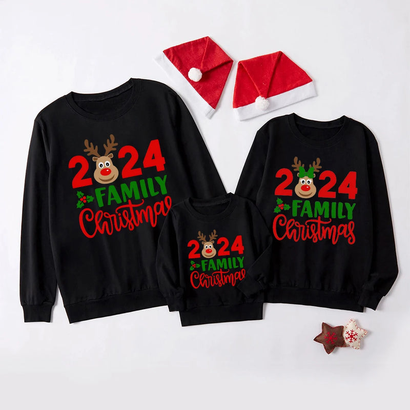 2024 Family Christmas&deer Print Family Together Matching Sweatshirt Casual Christmas Hoodie Christmas Day Holiday Clothes Tops