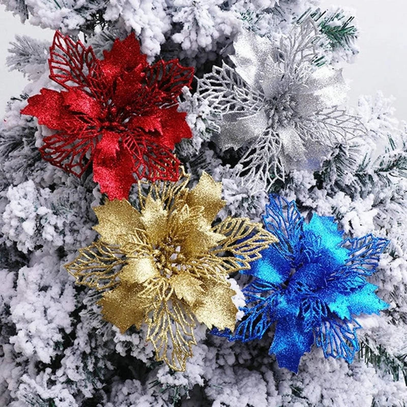 5/10Pcs 9CM Christmas Decoration Artificial Flowers Xma Tree Pendant Ornaments Home Decor Navidad New Year 2025 Party Supplies