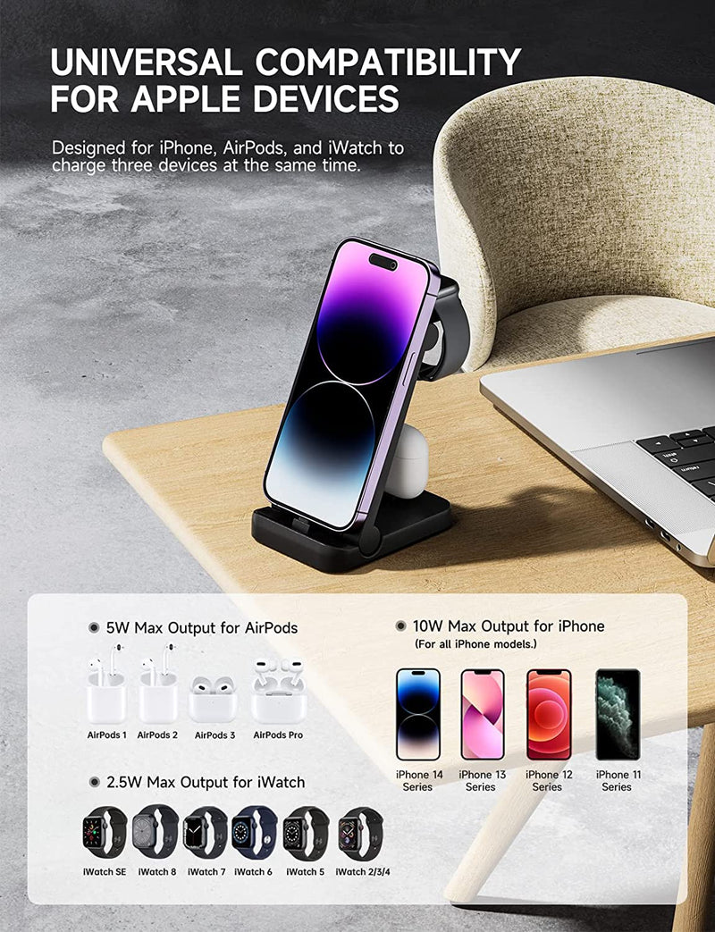 Wireless Charger 3 in 1 Station for Apple Watch 8 7 6 Airpods Pro Foldable Fast Charging Stand For iPhone 14 13 12 11 XS XR X 8