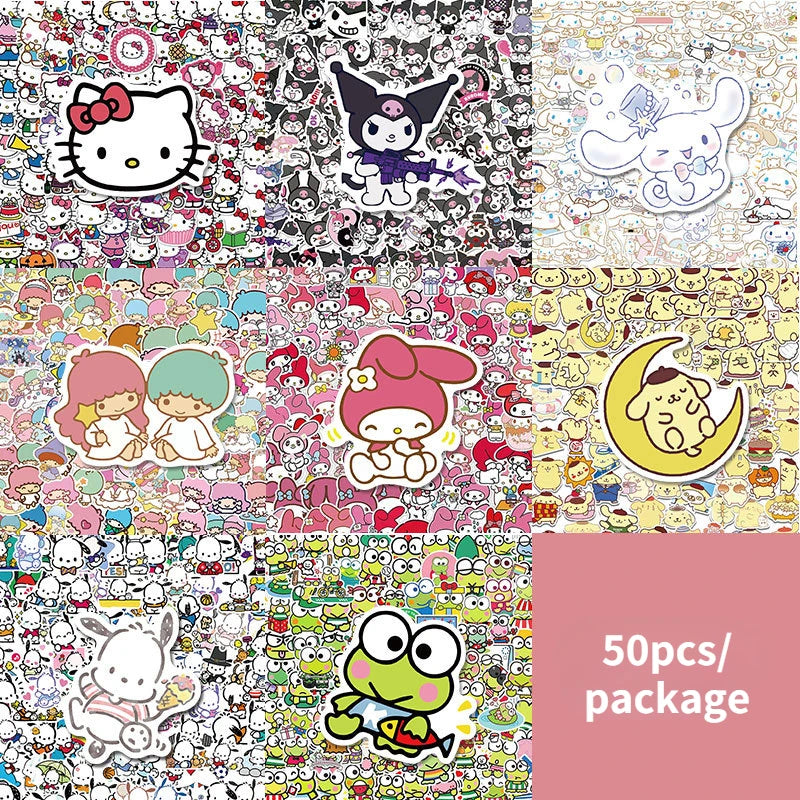 50pcs Sanrio Sticker Pack Hello Kitty Kuromi My Melody Pompom Purin Cinnamoroll Waterproof Phone Case Cute Anime Stickers