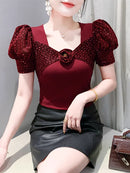 Women's Chic Youthful Square Neck Puff Sleeve T-Shirt Shimmery Floral Summer Blouse  Slim Fit Trendy Top