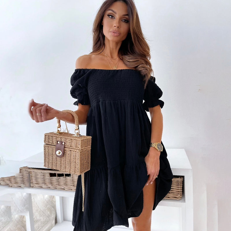 Women Sexy Backless Mini Dress Summer Fashion Lady Slash Neck White Puff Sleeve Big Swing Party Beach Dresses Casual Robe Femme