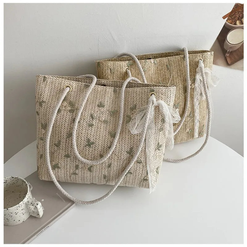 Women Summer Luxury Designer Handbag Picnic Bags Fashion Woven Bag Handbags For Female Portable Bucket Bag 2024 New