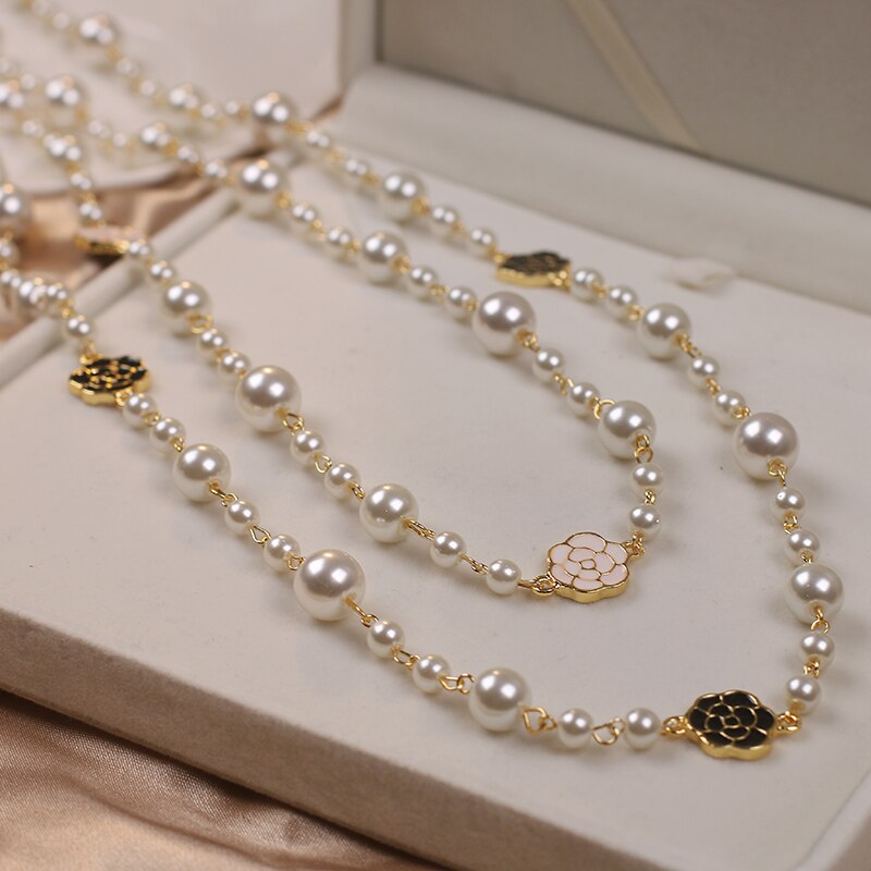 Luxury Camellia Multilayer Long Pearl Necklace Brand Design Rose Flower Sweater Chain Necklace for Woman