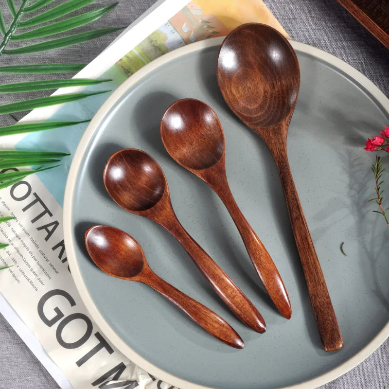 Japanese Wooden Spoon Long Handle Ramen Spoon Drinking Porridge Spoon Household Wood Tableware Round Spoon kitchen supplies