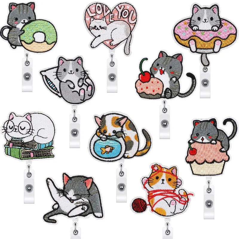 Creative Embroidery Badge Reels Cute Cartoon Cat Retractable Badge Reels Chest Pocket Work Card ID/IC Card Holder