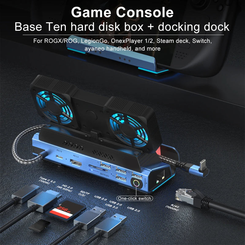 Docking Station Dual Cooling Fan 4K@60Hz 4 USB Ports PD100W Gigabit Ethernet for Steam Deck & Lenovo Legion GO