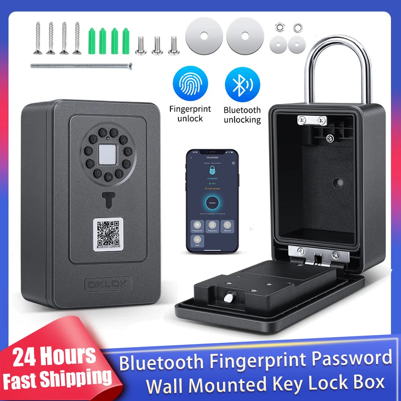 New Bluetooth Fingerprint Password Key Lock Box Waterproof Wall Mounted Door Hanging Safe Deposit Box Smart OKLOK Management