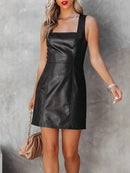 Sleeveless PU Leather Tank Dress Women Vintage Square Neck Loose Dress Party Black Costume Mini Dress Summer Clubwear Custom
